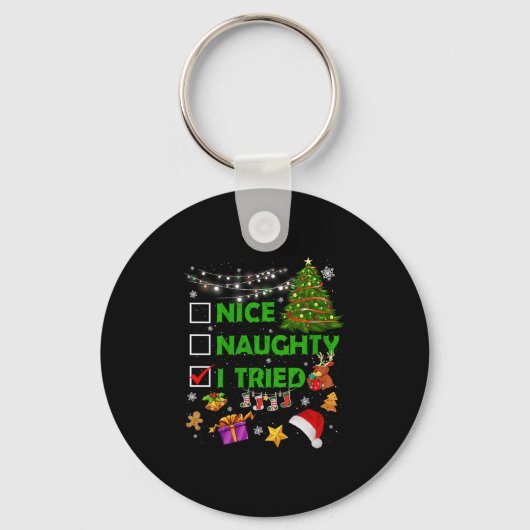 Nice Naughty I Tried Christmas Tree Light Funny Xm Sleutelhanger (Voorkant)