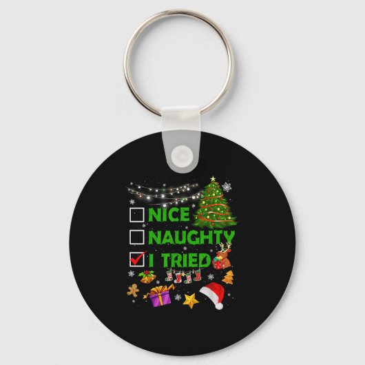 Nice Naughty I Tried Christmas Tree Light Funny Xm Sleutelhanger (Voorkant)