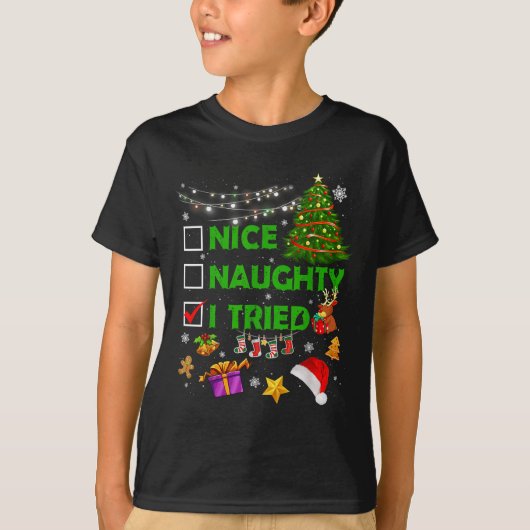 Nice Naughty I Tried Christmas Tree Light Funny Xm T-shirt (Voorkant)