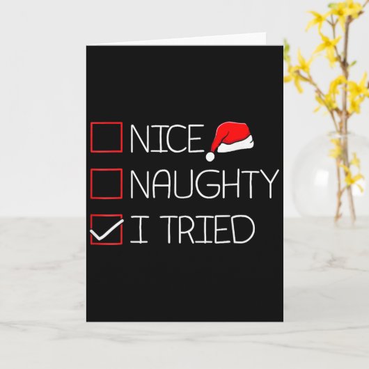 Nice Naughty I Tried Funny Christmas Family Pajama Kaart (Gele Bloem)