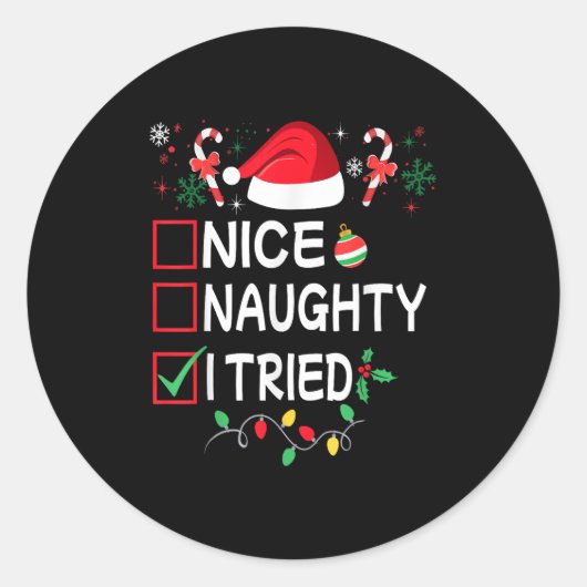 Nice Naughty I Tried Funny Christmas List Pajama F Ronde Sticker (Voorkant)