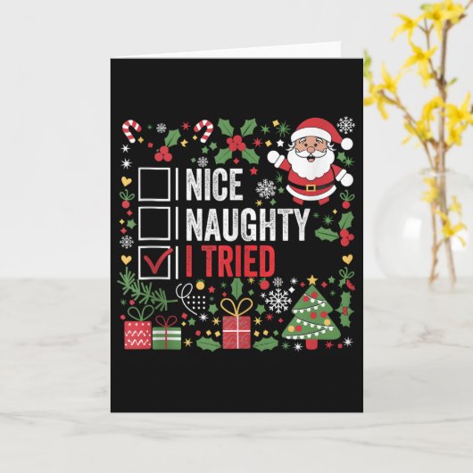 Nice Naughty I Tried Funny Christmas Santa Claus T Kaart (Gele Bloem)