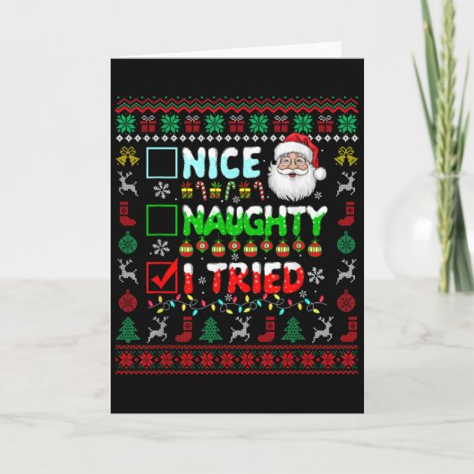 Nice Naughty I Tried Funny List Santa Face Christm Kaart (Voorkant)