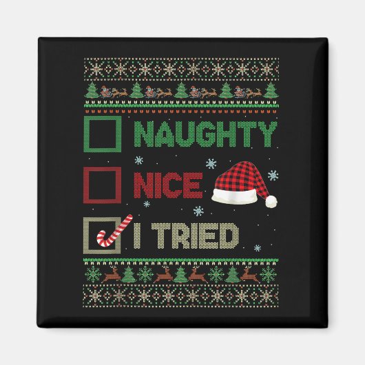 Nice Naughty I Tried Ugly Sweater Red Plaid Christ Magneet (Voorkant)