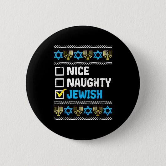 Nice Naughty Jewish Ugly Hanukkah Sweater Chanukah Ronde Button 5,7 Cm (Voorkant)