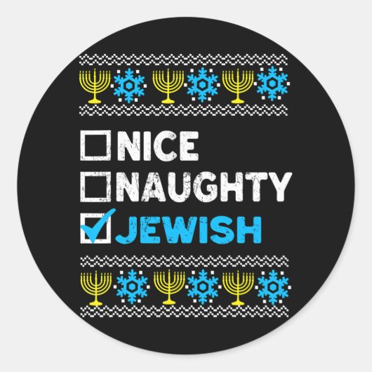 Nice Naughty Jewish Ugly Hanukkah Sweater Ronde Sticker (Voorkant)