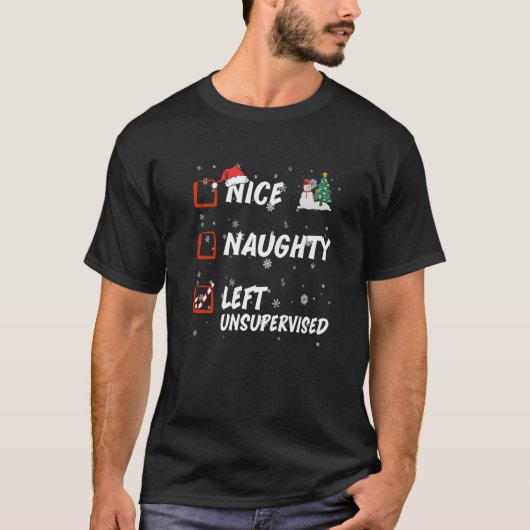 Nice Naughty Left Unsupervised List Christmas Sant T-shirt (Voorkant)