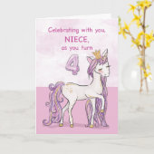 Nicht 4e verjaardag roze paard met kroon kaart (Gele Bloem)