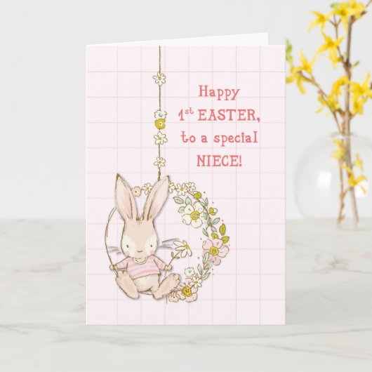 Nicht Eerste Paashaas op Bloemenschommel Kaart (Gele Bloem)