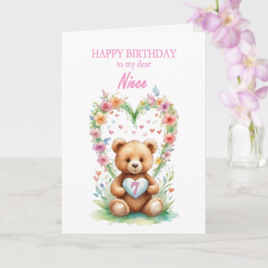 Nichtje Leeftijd 7 Teddybeer Kaart (Orchidee)