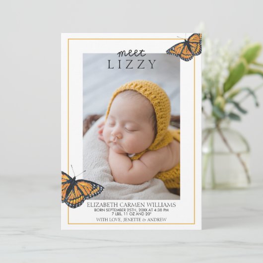Nickname ontmoeten Baby Butterflies Birth Aankondiging (Staand voorkant)