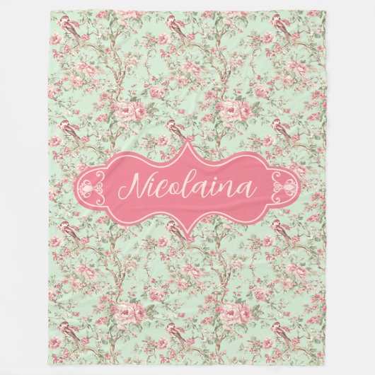 Nicolaina Pink en Mint  Roos Fleece Deken (Voorkant)