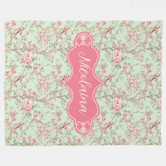 Nicolaina Pink en Mint  Roos Fleece Deken (Voorkant (Horizontaal))
