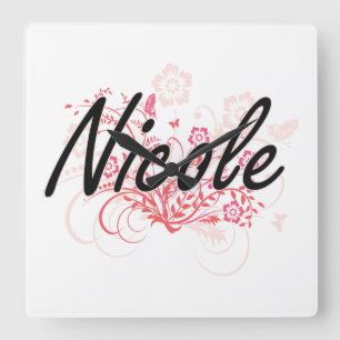 Nicole Artistic Name Design met Flowers Vierkante Klok