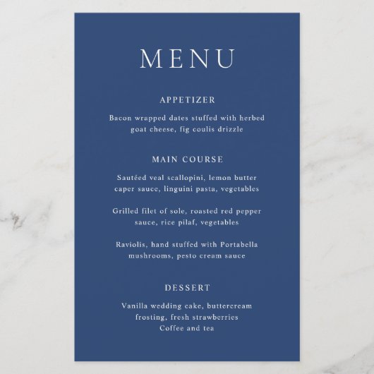 Nicole Royal Blue Elegant Wedding Menu (Voorkant)