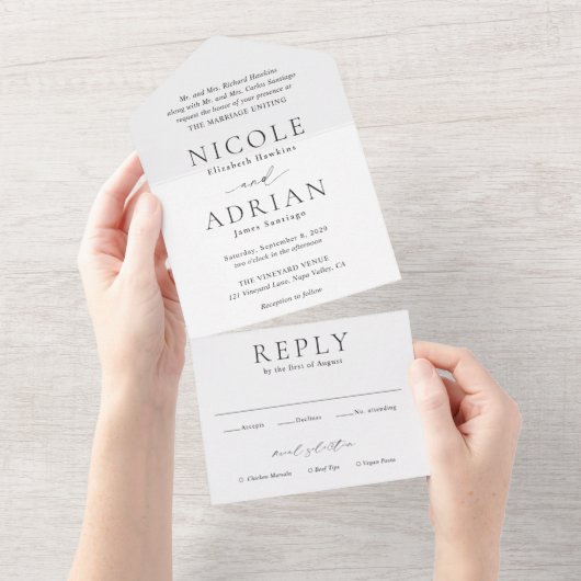 Nicole White Elegant Wedding All In One Uitnodiging (Afscheurbaar)