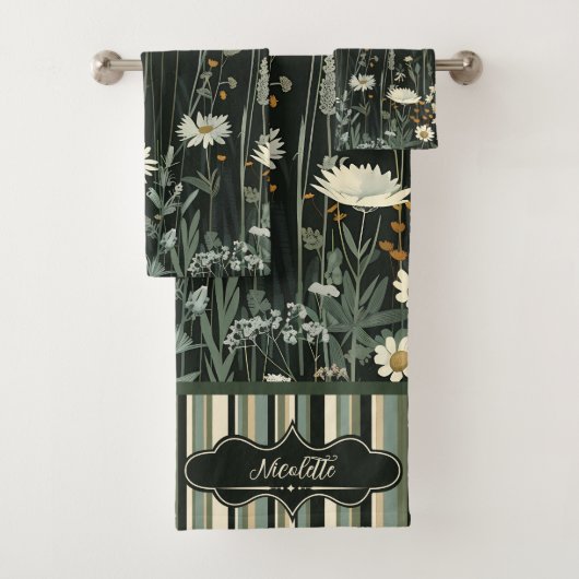 Nicolette Dark Daisy Floral Gestreept Bad Handdoek (Insitu)