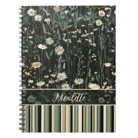Nicolette Dark Daisy Floral Gestreept Notitieboek (Voorkant)