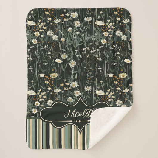 Nicolette Dark Daisy Floral Gestreept Sherpa Deken (Voorkant)