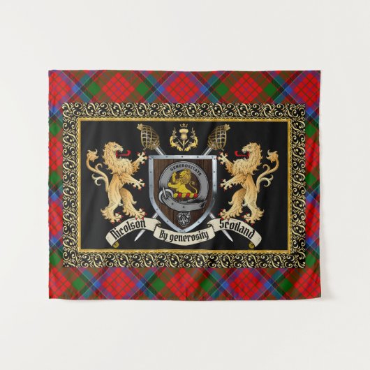 Nicolson Clan Badge & Motto w/Lions Wandkleed (Voorkant (horizontaal))