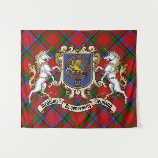 Nicolson Clan Badge & Unicorns met Tartan Wandkleed (Voorkant (horizontaal))