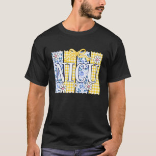 NICU Bloem Blauw Geel Geruit Coquette Strik PED T-shirt