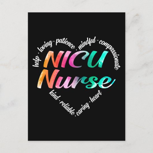NICU Nurse Heart Word Cloud Waterverf Regenboog Feestdagenkaart (Voorkant)