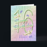 Niece 16th Birthday Butterflies and Flowers Card Kaart<br><div class="desc">Een regenboog van kleuren, roze bloemen en lavendelvlinders vult deze 16e Happy Birthday-kaart voor meisjes met vreugde voor nichtje. De voornaam en het voorste couplet kunnen worden gepersonaliseerd met behulp van de bijgeleverde sjabloon. U kunt ook genieten van de bijpassende geschenken en andere producten die beschikbaar zijn in mijn winkel....</div>
