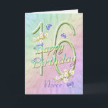 Niece 16th Birthday Butterflies and Flowers Card Kaart<br><div class="desc">Een regenboog van kleuren, roze bloemen en lavendelvlinders vult deze 16e Happy Birthday-kaart voor meisjes met vreugde voor nichtje. De voornaam en het voorste couplet kunnen worden gepersonaliseerd met behulp van de bijgeleverde sjabloon. U kunt ook genieten van de bijpassende geschenken en andere producten die beschikbaar zijn in mijn winkel....</div>
