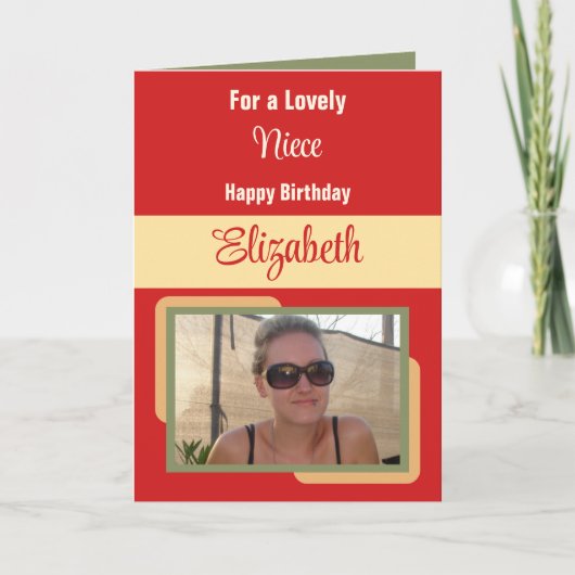 Niece add name foto red yellow jarig verjaardagsda kaart (Voorkant)
