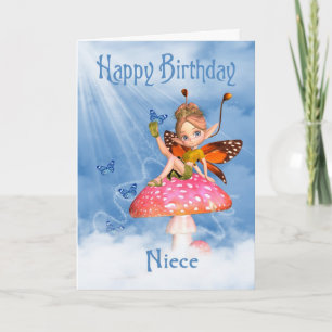 Niece Birthday Card - Cute Fairy op een paddenstoe Kaart