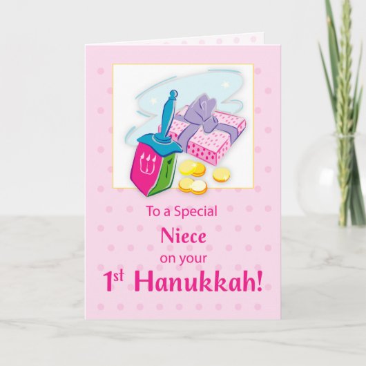 Niece First Hanukkah Blue met Dreidel en Gifts Kaart (Voorkant)