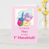 Niece First Hanukkah Blue met Dreidel en Gifts Kaart (Gele Bloem)