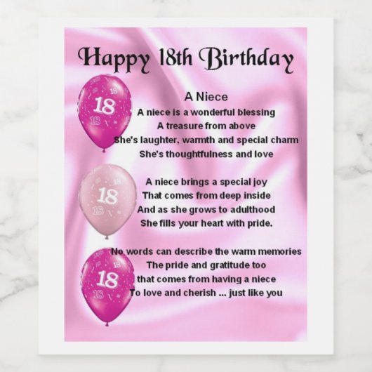 Niece Gedicht Wijnflesje Label 18e Verjaardag Wijn Etiket (Enkel label)