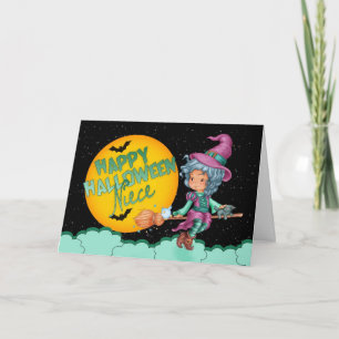 Niece Halloween kaart met schattige heks op bezem