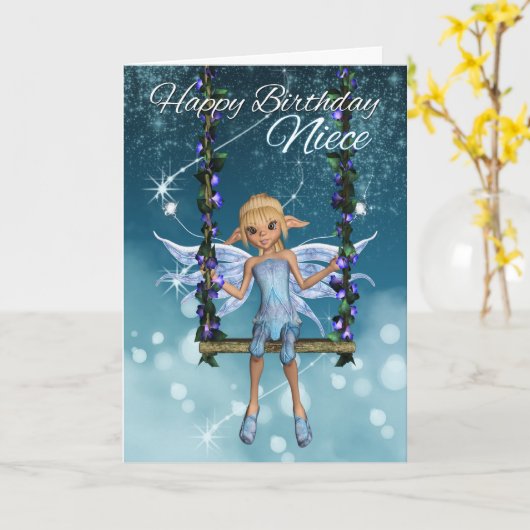 Niece Happy Birthday schattige fee op bloem schomm Kaart (Gele Bloem)