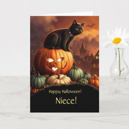 Niece Happy Halloween Schattige Black Cat and Pump Kaart (Kleine Plant)