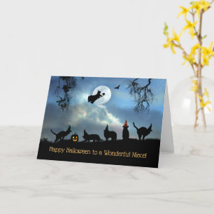 Niece Happy Halloween Witchy Cats and Witch Kaart