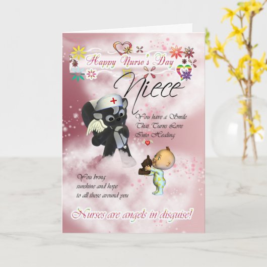 Niece Nurse's Day schattige kleine baby en leuke v Kaart (Gele Bloem)
