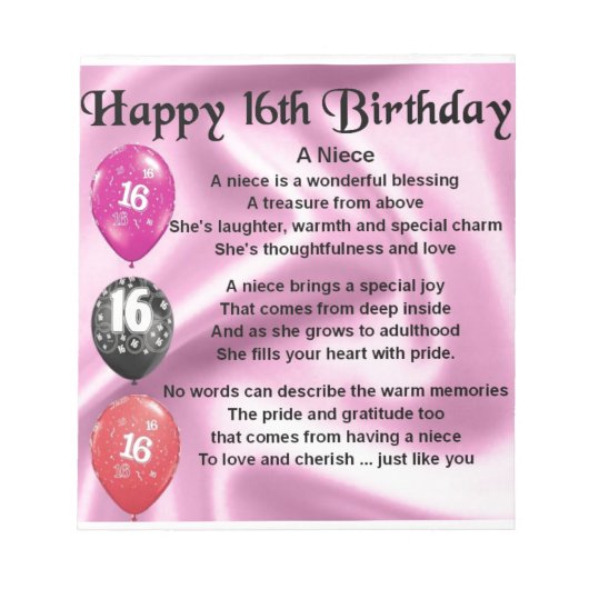 Niece Poem - 16th Birthday Notitieblok (Voorkant)