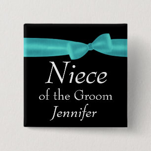 NIECE van GROOM Aqua Bow Wedding Custom Name Y128 Vierkante Button 5,1 Cm