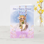 Niece Verjaardagskaart met Cutie Pie fee op swing Kaart (Gele Bloem)