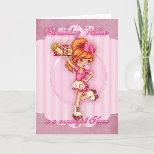 Niece verjaardagskaart - schattige serveerster roz kaart (Voorkant)