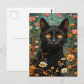 niedliche Illustration schwarze Katze mit Blumen Briefkaart (Voorkant / Achterkant)