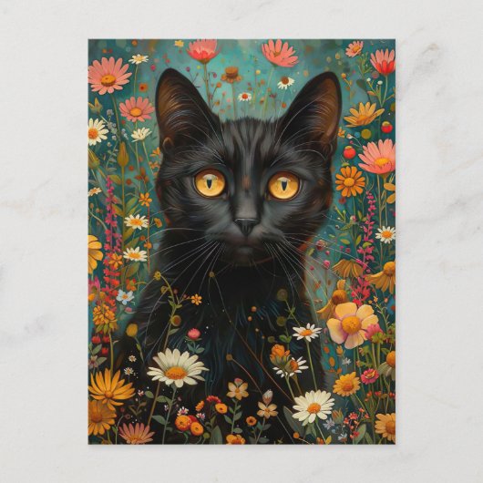 niedliche Illustration schwarze Katze mit Blumen Briefkaart (Voorkant)