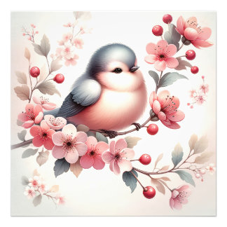 Niedlicher Vogel und Blütenzweig.  Wanddeko Foto Afdruk