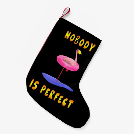 Niemand is perfect - flamingo met zwemring kleine kerstsok (Voorkant (Hangend))