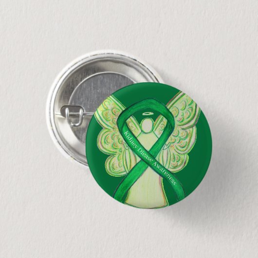 Nierziekte bewustzijn groene linten engelenspelden ronde button 3,2 cm (Voorkant /achterkant)