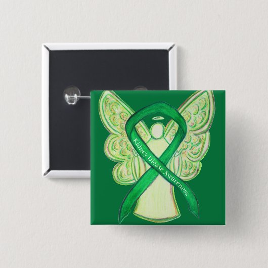 Nierziekte bewustzijn groene linten engelenspelden vierkante button 5,1 cm (Voorkant /achterkant)
