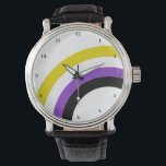 Niet-bindende regenboogpride, gepersonaliseerd horloge<br><div class="desc">De niet binaire kleuren van geel, wit, paars, en zwart creëer de coole regenboog op deze leuke aangepaste pridehorloge. Ze kijken naar een niet-binaire vriend in de seksespecifieke gemeenschap.</div>